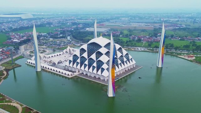 a aerial 4k footage view of al jabbar mosque in bandung, west java