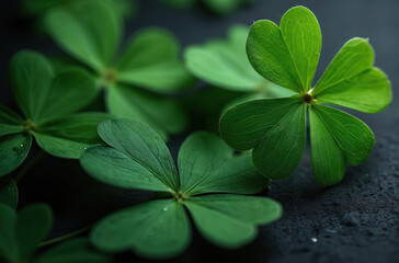 Close-up of verdant green clovers on dark, inky black background. Intricate vein patterns visible on leaves. Subtle water droplets add texture. Represents luck, nature, and simplicity.