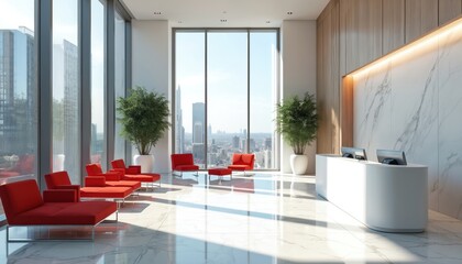 Modern office lobby features bright, expansive windows overlooking cityscape. White marble floors, walls complement minimalist red seating, wood accents. Sleek reception desk with computers. Tall