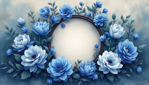 Beautiful blue floral frame surrounds empty circular space. Delicate flower petals and leaves create elegant border. Tranquil cool tone arrangement offers charming visual appeal for projects.