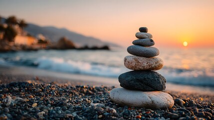 Perfectly balanced cairn of smooth, gray and white stones on a pebble beach during a serene golden hour sunset, symbolizing peace and mindfulness.
