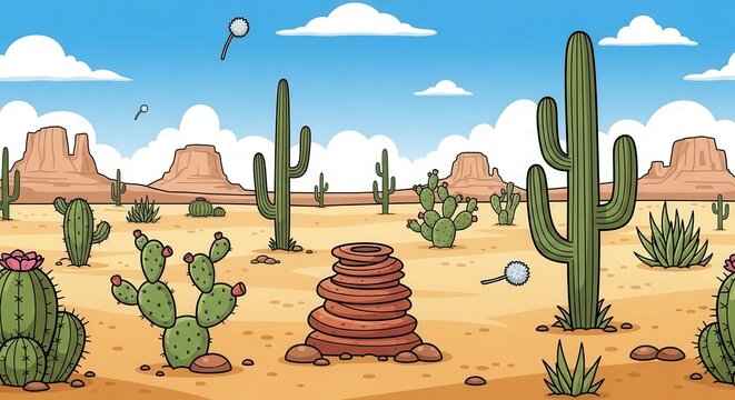 Serene desert landscape with towering cacti, rock formations and balanced stones