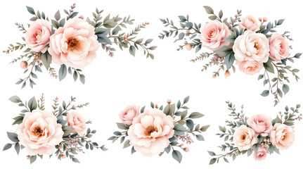 Watercolor floral arrangements with pink and cream roses, and gray-green leaves. Isolated on transparent background.

