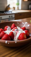 Captivating bowl of strawberries and cream on wooden table, delicious summer treat
