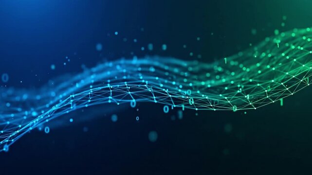 A bluetogreen network of connected points and lines overlaid with binary code set against a dark gradient background