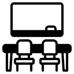 Flat illustration of a classroom desk setup with two chairs and a whiteboard, suitable for education or corporate website visuals.