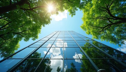 Modern glass skyscraper surrounded by rich green trees under clear blue sky. Image sustainable construction, balancing economic growth with environmental responsibility, job creation initiatives.