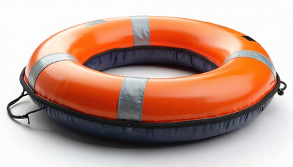 Bright orange safety ring buoy isolated on white background. Maritime rescue equipment with reflective stripes, ready for water safety. Essential personal flotation device for survival in emergencies.