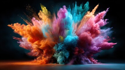 An impressive explosion of colorful smoke and dust forms an abstract visual spectacle, showcasing vibrant hues that evoke feelings of joy and creativity in a dynamic display.