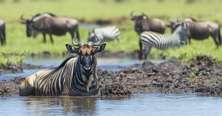 Wildebeest resting in muddy water with zebras in the background during wildlife safari