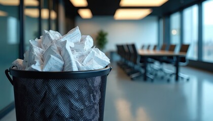 Crumpled papers fill rubbish bin in modern office meeting room. Represents failed business ideas, need for teamwork, problem-solving, refining concepts to foster innovation, persistence for success.