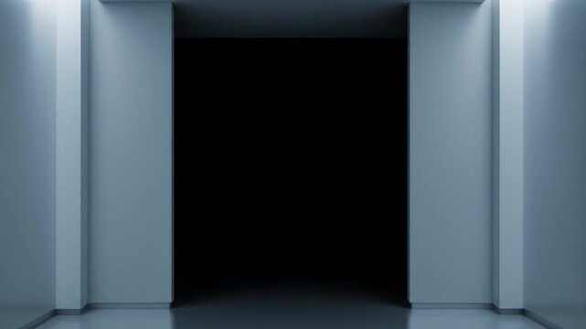 A minimalist white hallway with sleek lighting and a dark void ahead.