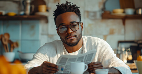 A man wearing glasses sits at a table reading a newspaper holding a cup of coffee
