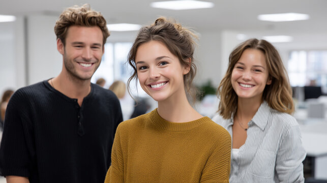 Three smiling coworkers enjoying a casual moment in an office, workplace bonding, team positivity, casual office, friendly interaction, corporate camaraderie