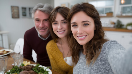 A Brazilian family taking a selfie at the dining table with traditional food, Brazilian culture, family bonding, family selfie, traditional meal, home warmth