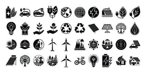 Collection of eco friendly and sustainable energy source icons in black