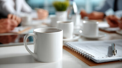 Fototapeta premium White coffee mug, notebook, pen, and blurred people in background suggest modern business meeting or teamwork in office environment