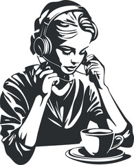 Black and white illustration of a woman wearing a headset with microphone sitting at desk with coffee cup