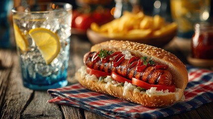 Grilled Hot Dog with Ketchup, Tomato, and Fresh Parsley on a Sesame Seed Bun Served with Lemonade and Potato Chips on Rustic Wood Table