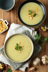 Top View Two Bowls of Creamy Corn Soup