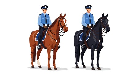 Fototapeta premium Two male police officers, in light blue uniforms with dark ties, are mounted on horseback, one on a brown horse and the other on a black horse.