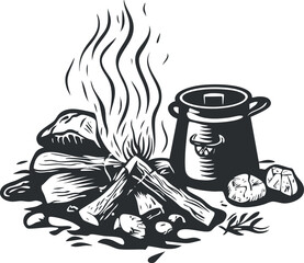 Black and white illustration of a campfire with firewood and a cooking pot outdoors