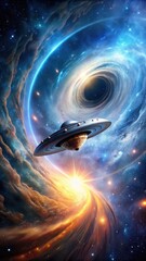 Mysterious energy swirls around massive starship as it emerges from a swirling wormhole