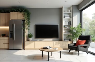 Fototapeta premium Modern minimalist living room features integrated kitchen cabinets, large TV, refrigerator, comfy armchair. Light wood accents, grey walls, abundant natural light create sleek, contemporary living