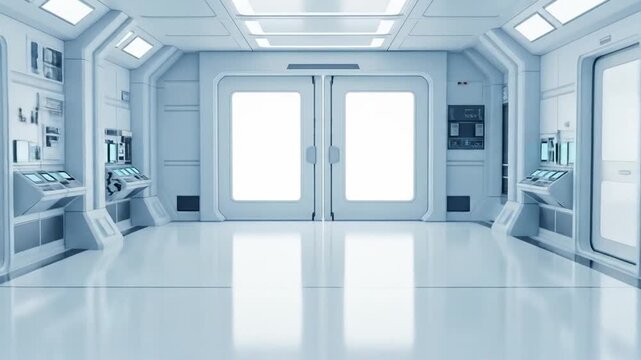 A futuristic, empty hallway with a bright, sterile atmosphere.