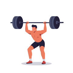 A person performs a barbell overhead press, depicted in a minimalist 2D flat vector illustration with clean lines and solid colors, isolated on a bright white background.