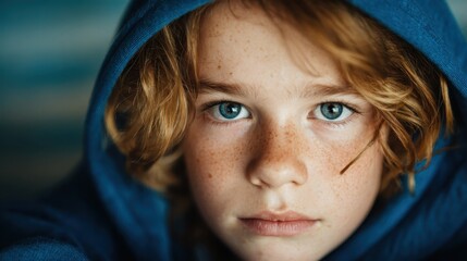 A close-up photo of a child with curly hair and striking blue eyes, capturing innocence and curiosity, emphasizing the beauty of childhood and the wonder of life.