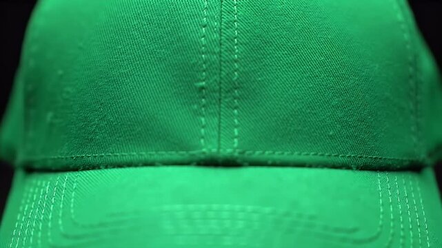 Close-up view of a vibrant green baseball cap, showcasing its texture and stitching details.