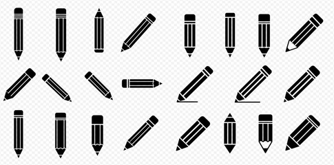 A collection of black silhouette icons depicting various pencils and markers in different positions.
