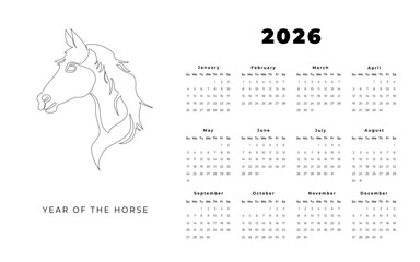 Calendar 2026, Week Starts Sunday, One Page. Year of the horse. Design Planner Template. Print. 