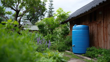 Sustainable farming setup features blue water tank beside wooden structure surrounded by lush greenery and vibrant plants