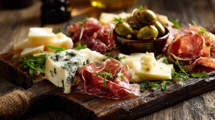 An inviting charcuterie board featuring a variety of cheeses, cured meats, and olives.