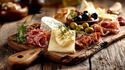 Delicious charcuterie board with a variety of cheeses, meats, and olives.