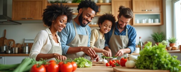 Happy family cooks together in bright kitchen, chopping fresh vegetables for healthy meal. Parents, child enjoy culinary experience, creating memories, sharing laughter during home cooking session.