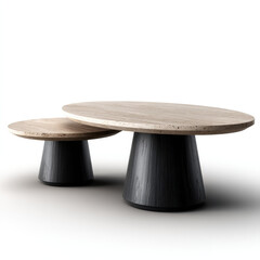 Modern wooden coffee table, minimalist design, round shape, light wood top, black conical base, stylish living room furniture