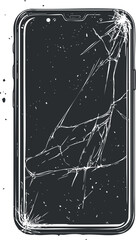 Black and white illustration of a smartphone with a shattered and cracked screen showing extensive damage