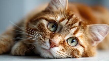 A close-up shot of a relaxed ginger cat with striking green eyes, showcasing its playful demeanor and soft fur, perfect for animal lovers and feline enthusiasts.