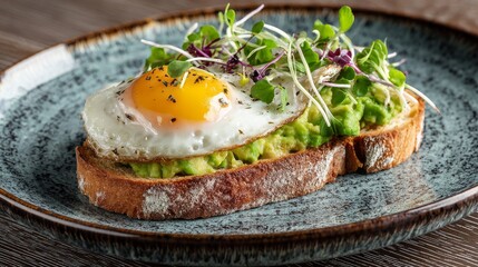 Delicious avocado toast with a perfectly fried egg and fresh microgreens.