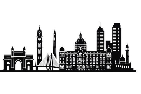 Mumbai Skyline Silhouette &ndash; Minimalist Black and White Vector with Iconic Landmarks