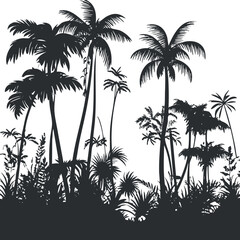 Obraz premium Black silhouette of tropical palm trees and jungle foliage with dense vegetation and leaves