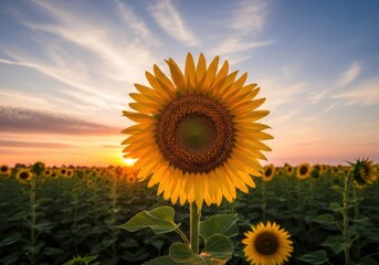 Obraz premium Golden Hour Over a Vibrant Sunflower Field, a Majestic Bloom Reaching for the Radiant Sunset Sky