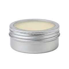 Silver aluminum tin with window lid showing cosmetic balm