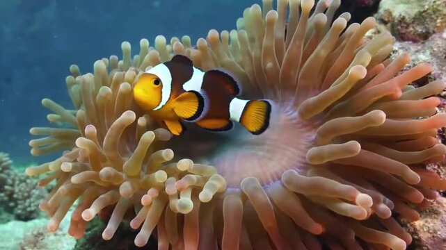 Clownfish hiding among coral reef anemones