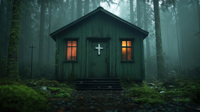 Escape, A mysterious green cabin surrounded by dense forest and soft, eerie lighting.