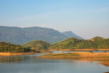 Nam Ngum Reservoir Surrounded by Mountains near Vang Vieng, Laos at Sunrise