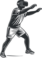 Fototapeta premium Black and white illustration of a person wearing a virtual reality headset engaged in immersive gaming experience.